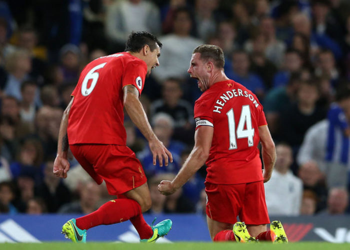 Henderson celebrates his goal against Chelsea