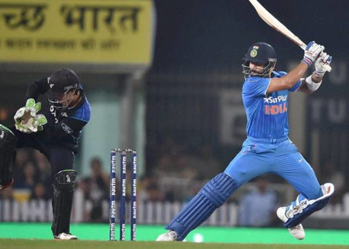 Ranchi: Indian batsman Virat Kohli plays a shot during the 4th ODI against New Zealand in Ranchi.