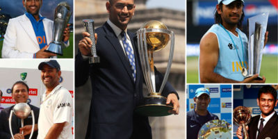 Dhoni with all the trophies he's lead India to