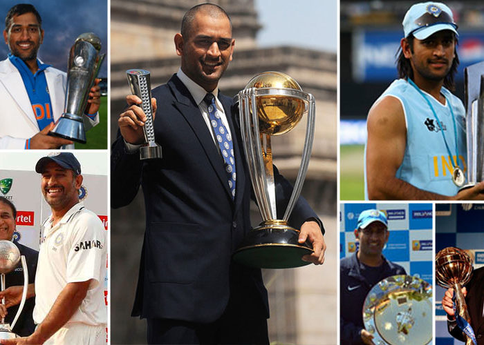 Dhoni with all the trophies he's lead India to